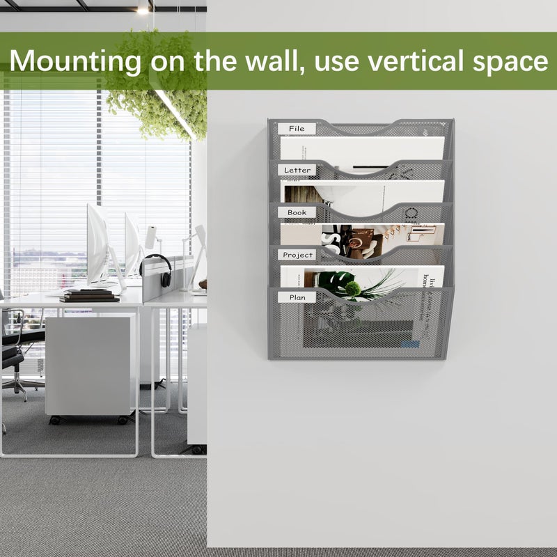 EasyPAG 5 Pocket Mesh Wall File Organizer, Hanging Paper Folder Holder with Classify Label, Vertical Wall Mount Mail Organizer for Office Home Classroom, Silver - Image 4